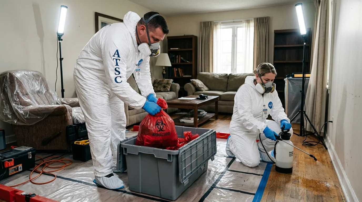 Professional Hoarding Cleanup technician in full PPE working in Payson